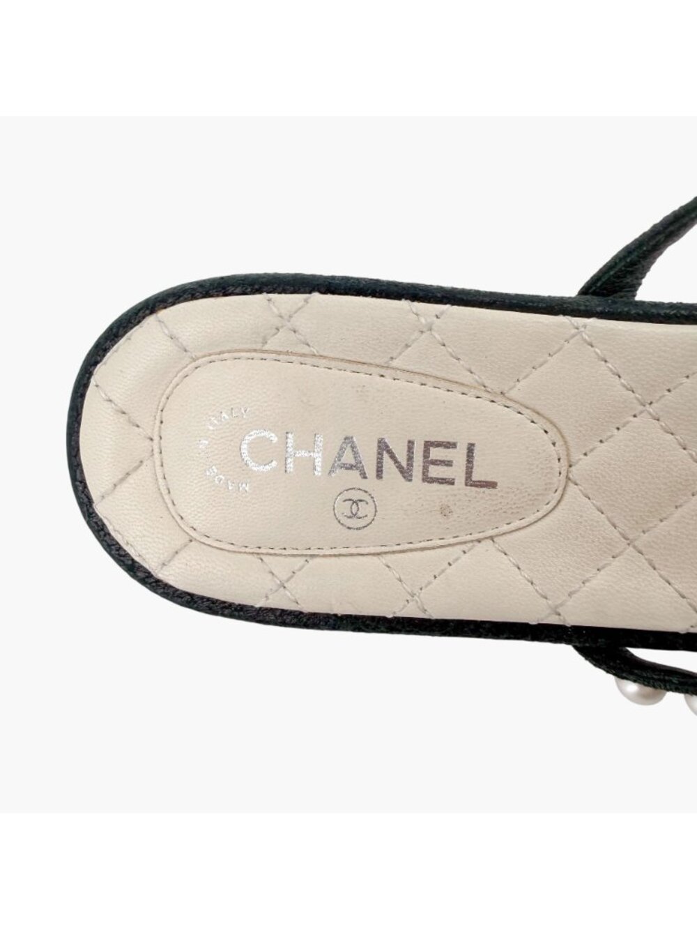 Chanel CC Pearl Strappy Slide Sandals Black White Flat Size 38.5 US 7.5-8 Women - Picture 14 of 14
